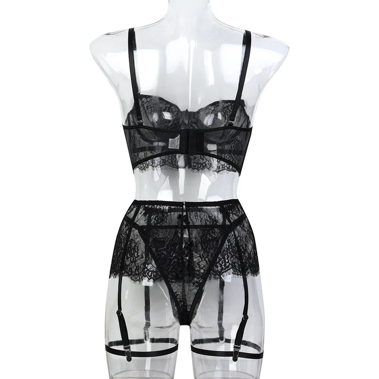 Sexy Erotic Womens Western Style Handmade Pearl 4 Piece Set Sensual See Through Lace Alluring Bowknot Attractive Breathable Set