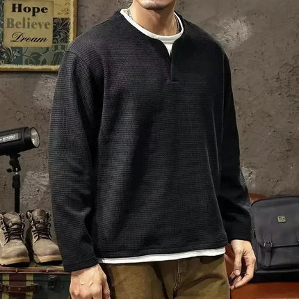 Spring and Autumn New Men Henley neck T Shirt Long Sleeve Casual  Solid color T-Shirt Fashion Waffle Fake two-piece Sweatshirts PlatiNum