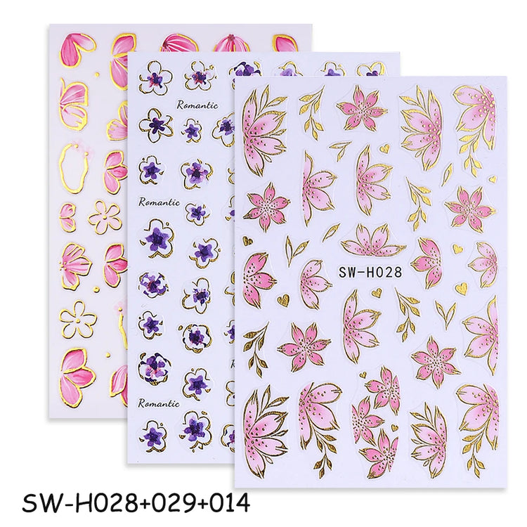 2/3pcs Golden Pink Hibiscus Flower Nail Stickers 3D Bronzing Border Petals Sakura Line Sliders Nail Decals DIY Manicure Decor