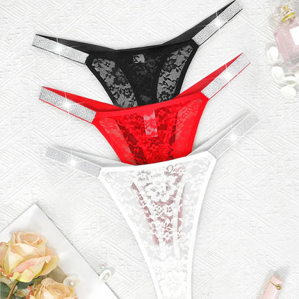 3pcs Sexy Thongs Lace Women Underwear Perspective Floral Panties Low Rise Two Shiny Belts G-string Comfortable Intimate Lingerie