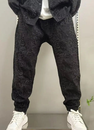 New Spring and Autumn Men's Casual Suit Lapel Jacquard Shirt Trousers Two-piece Set Comfortable Loose PlatiNum
