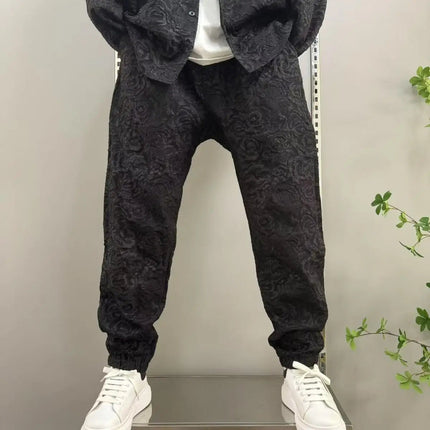 New Spring and Autumn Men's Casual Suit Lapel Jacquard Shirt Trousers Two-piece Set Comfortable Loose PlatiNum