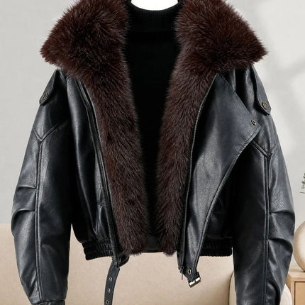 New Parkas Women Leather Jacket Big Fur Collar Tooling Cotton Jacket 2026 Winter Thicke Warm Cotton Padded Coat Female Outerwear