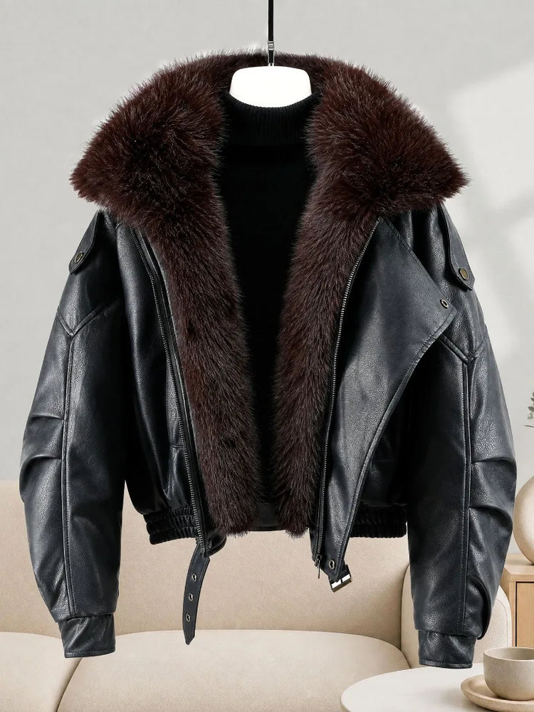 New Parkas Women Leather Jacket Big Fur Collar Tooling Cotton Jacket 2026 Winter Thicke Warm Cotton Padded Coat Female Outerwear