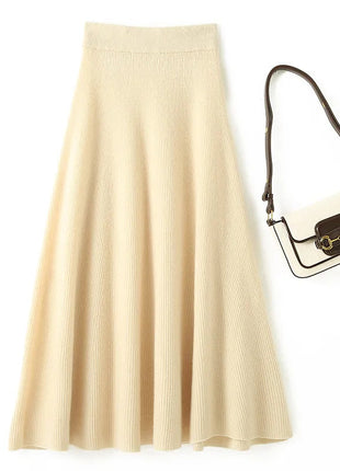 Chic New Women 100% Merino Wool Knitted A Line Skirt Solid Color Autumn Winter High Waist Preppy Style Soft Wool Midi Skirt PlatiNum