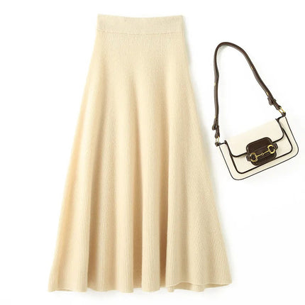Chic New Women 100% Merino Wool Knitted A Line Skirt Solid Color Autumn Winter High Waist Preppy Style Soft Wool Midi Skirt PlatiNum