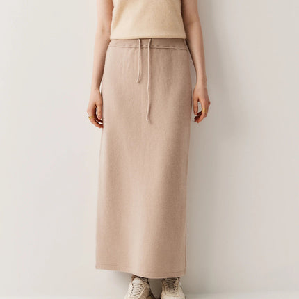 Women Pure Cashmere Long Skirts Autumn Winter Straight Ankle Length Thick Skirts 100% Cashmere Knit Drawstring and Split Skirts PlatiNum