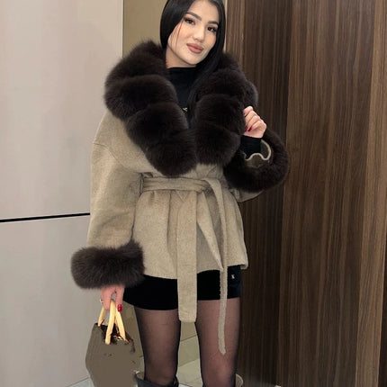 Women Wool Blend Coat Big Faux Fur Collar And Cuffs Belted Waist Wrap Loose Winter Jacket Thick Warm Elegant Lady Outerwears