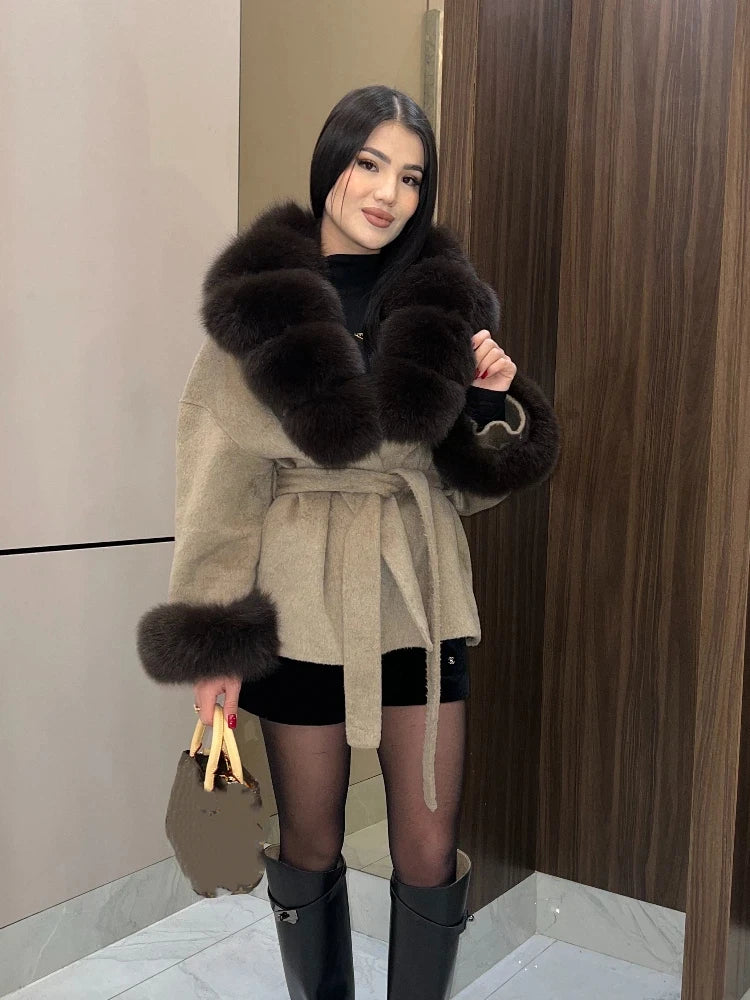 Women Wool Blend Coat Big Faux Fur Collar And Cuffs Belted Waist Wrap Loose Winter Jacket Thick Warm Elegant Lady Outerwears