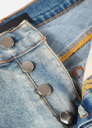 Designer High Street Fashion New Light Blue Men's Jeans Stretch Slimming White Leather Patch Hip Hop Brand Pants HombreY2K PlatiNum