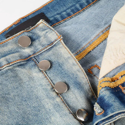 Designer High Street Fashion New Light Blue Men's Jeans Stretch Slimming White Leather Patch Hip Hop Brand Pants HombreY2K PlatiNum