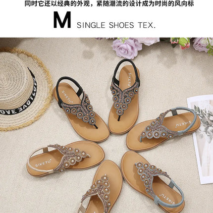 New 2026 Women's Summer Bohemian Style Sandals, Flip-Flop Design with Beaded and Rhinestone Buckle, Elastic Heel Strap, Comfortable Everyday Shoes
