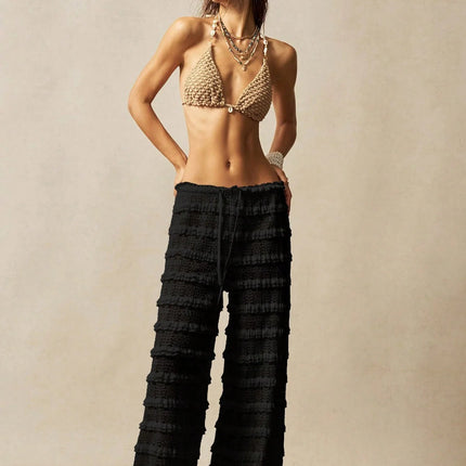 Pantaloni Estivi 2026 Casual Larghi a Gamba Larga in Maglia Tinta Unita da Donna per Vacanze e Spiaggia Stile Semplice Trasparenti platinumshop