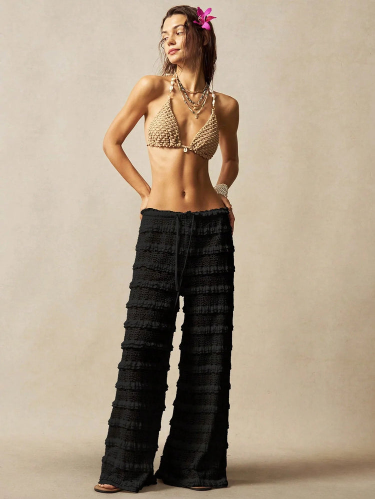 Pantaloni Estivi 2026 Casual Larghi a Gamba Larga in Maglia Tinta Unita da Donna per Vacanze e Spiaggia Stile Semplice Trasparenti platinumshop