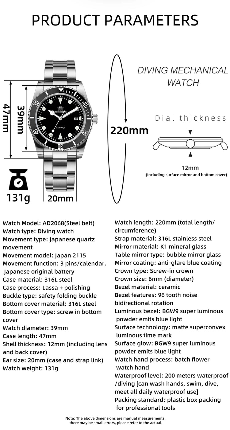 ADDIESDIVE Luxury Men's Analog Watch BGW9 Luminous Ceramic Bezel Bubble Mirror Glass Diver's Watch 200m Quartz Watches AD2068