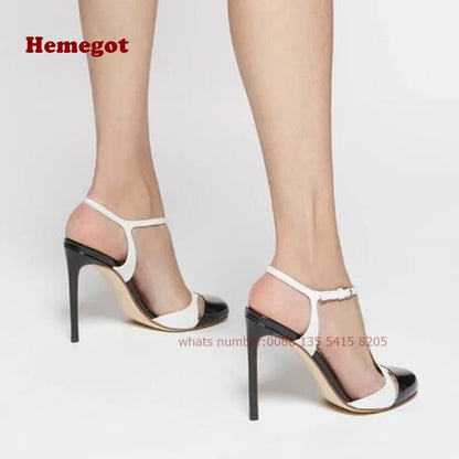 Two Tone T-Straps Women's Sandals Round Toe Cut Out Buckle Slingback High Heels Stiletto Summer Sandals Splicing Elegant Shoes