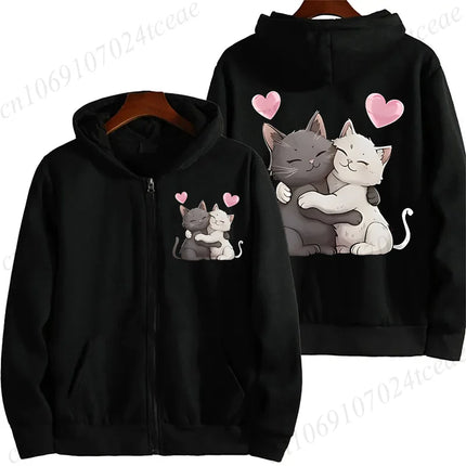 Zip‑Up Hoodie Funny Climbing Cats Graphic Print Long Sleeve Hooded Sweatshirt Front & Back Printed Casual Loose Jacket Outerwear