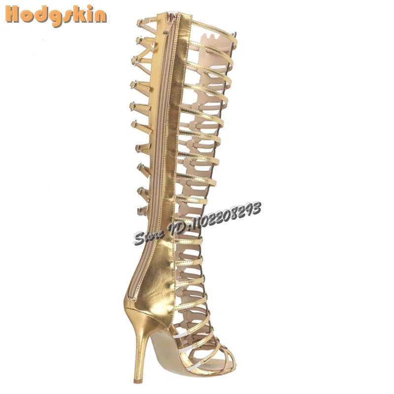 Retro Buckle Strap Roman Sandals Open Toe Back Zip Stiletto Knee-high Summer Boots 2026 New Fashion High Heeled Women Shoes