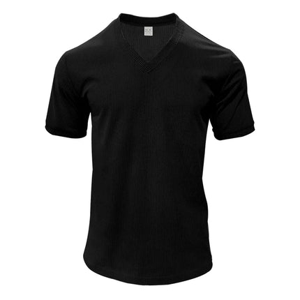 Men's European and American Summer Corduroy Solid Color Slim Casual V-Neck T-Shirt Amazon