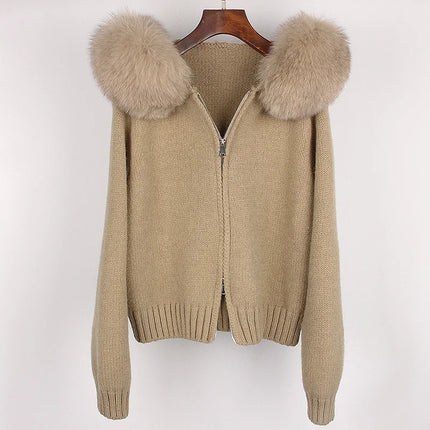 OFTBUY Real Fox Fur Kintwear Women New Spring Autumn Hooded Sweater Female Loose Zipper Kintted Jacket Oversized Cardigan