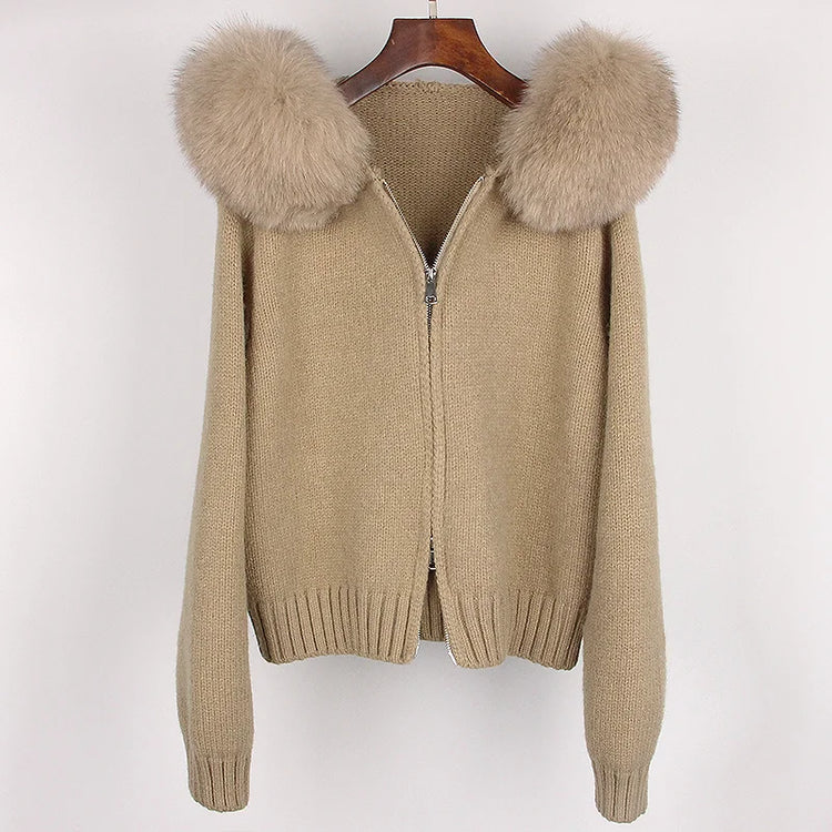 OFTBUY Real Fox Fur Kintwear Women New Spring Autumn Hooded Sweater Female Loose Zipper Kintted Jacket Oversized Cardigan
