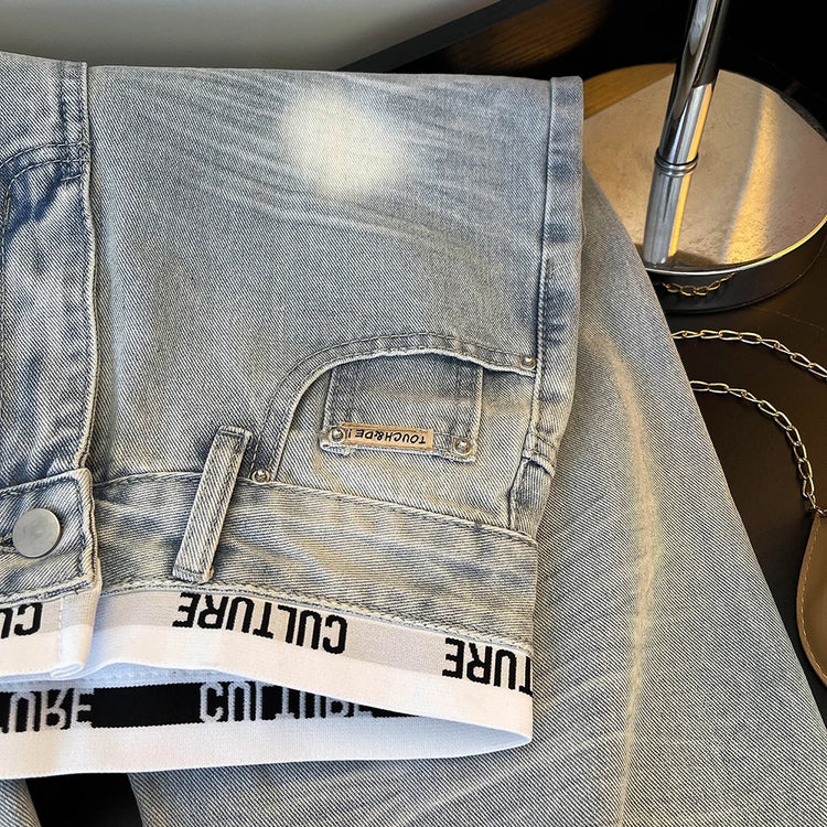 Jeans Vintage Americani Strappati e Patchwork per Donna, Blu Chiaro, Vita Alta, Gamba Larga, Pantaloni in Denim per Primavera e Autunno