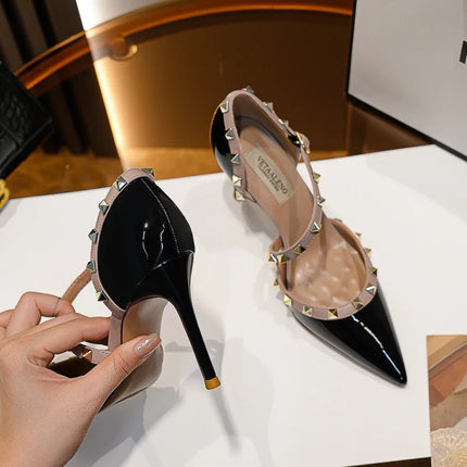 【Misurati la lunghezza dei piedi prima di ordinare】Sandalo da donna con tacco alto e sottile, con rivetti e punta a punta, scarpa elegante da festa 118-CHC-33