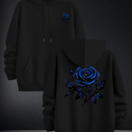 2026 Blue Rose Double Sided Print Hoodie Unisex Long Sleeve Pullover Casual Floral Streetwear Autumn Winter Hooded Sweatshirt