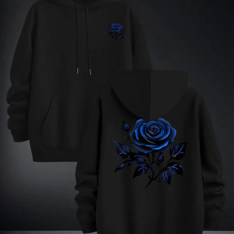 2026 Blue Rose Double Sided Print Hoodie Unisex Long Sleeve Pullover Casual Floral Streetwear Autumn Winter Hooded Sweatshirt