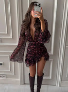 Elegant Mini Dress with Ruffles and Floral Patterns, Chic with Long Sleeves, Deep V-Neck, Slim Fit, A-Line, Short, 2026 Collection, Holiday and Street Dress for Women