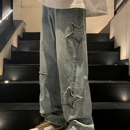 New Fashion Stella a cinque punte Jeans Uomo a vita alta Vintage Streetwear Pantaloni da uomo Baggy Inverno Jeans a gamba larga Denim Abbigliamento uomo