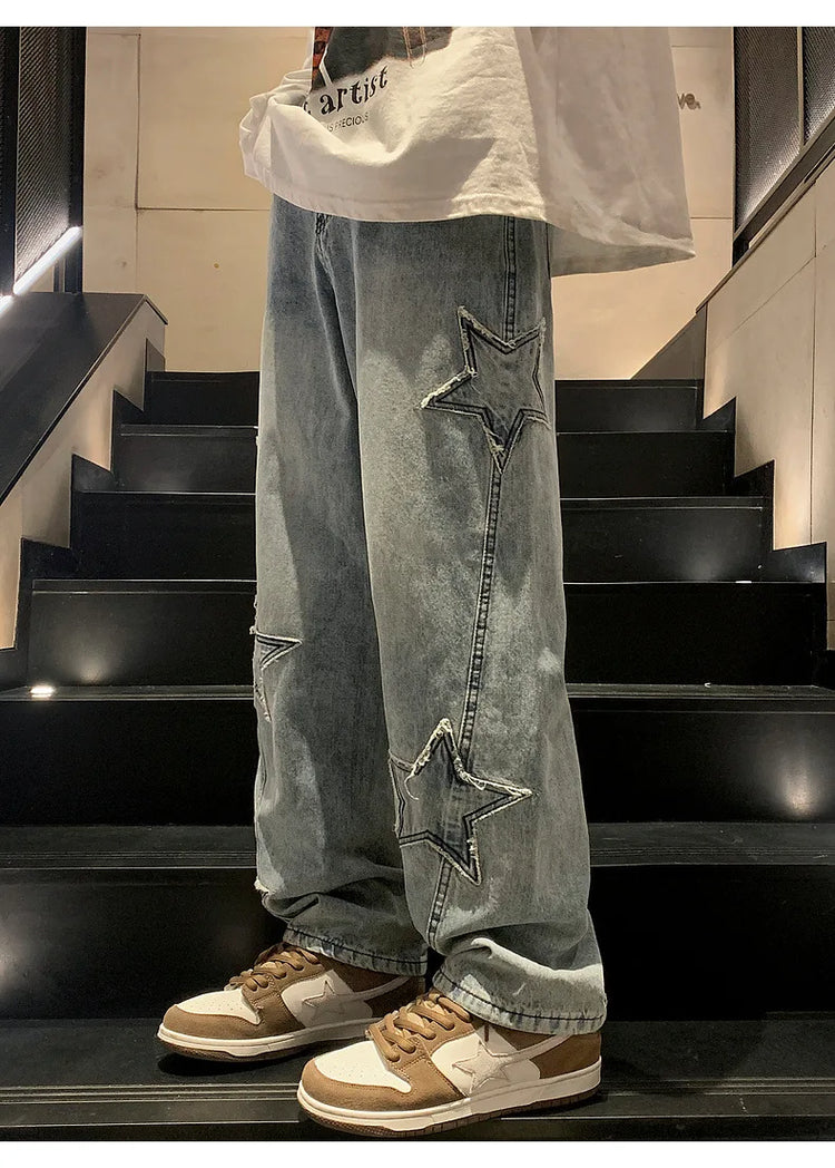 New Fashion Stella a cinque punte Jeans Uomo a vita alta Vintage Streetwear Pantaloni da uomo Baggy Inverno Jeans a gamba larga Denim Abbigliamento uomo