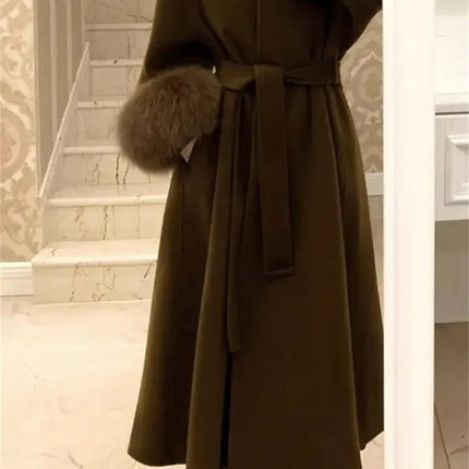 2025 New Spring Winter Warm Long Woolen Coat Women Elegant Warm Wool Blend Trench Coat With Belt Fashion Outerwear