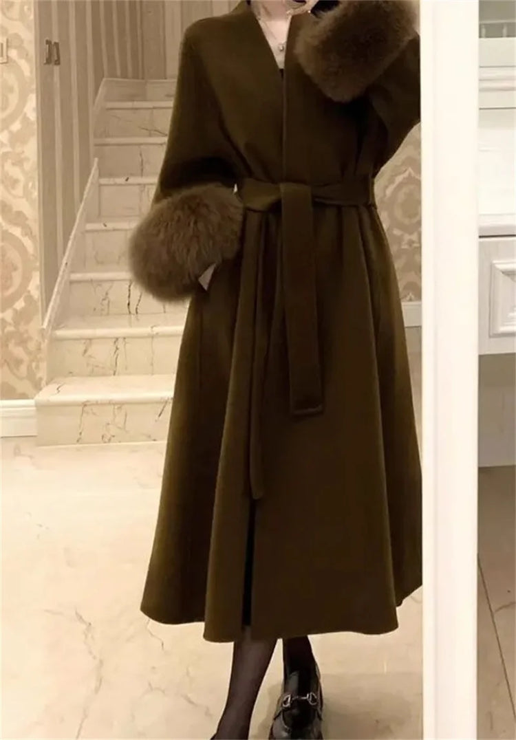 2025 New Spring Winter Warm Long Woolen Coat Women Elegant Warm Wool Blend Trench Coat With Belt Fashion Outerwear