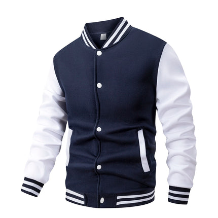 Men's Fleece-Lined Varsity Jacket Autumn Winter Warm Color Block Baseball Jacket Button Front & Striped Cuffs Retro Casual Coat