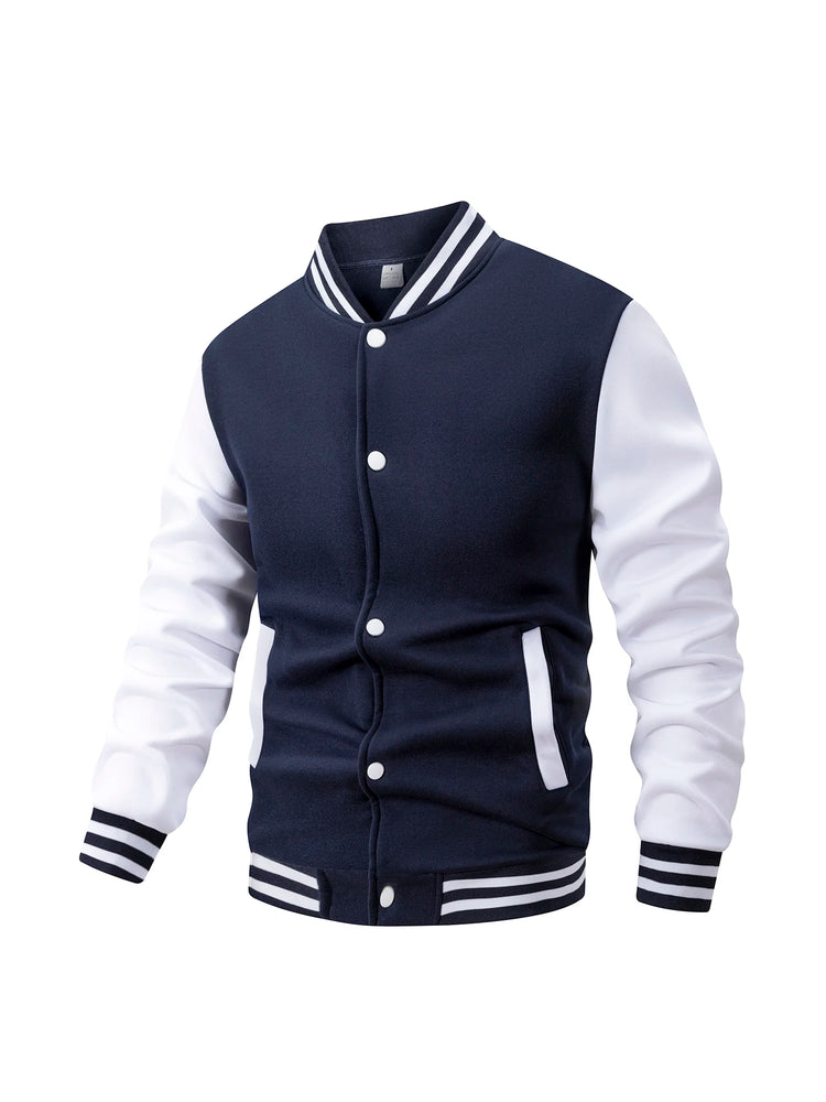 Men's Fleece-Lined Varsity Jacket Autumn Winter Warm Color Block Baseball Jacket Button Front & Striped Cuffs Retro Casual Coat