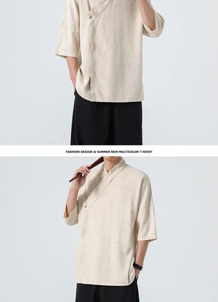 Camicie Estive 2026 da Uomo, Stile Cinese Retrò Tradizionale in Lino Traspirante, Abbigliamento Maschile per Kung Fu e Tai Chi, Bluse Casual Stile Tang