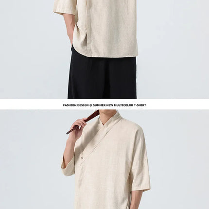 Camicie Estive 2026 da Uomo, Stile Cinese Retrò Tradizionale in Lino Traspirante, Abbigliamento Maschile per Kung Fu e Tai Chi, Bluse Casual Stile Tang