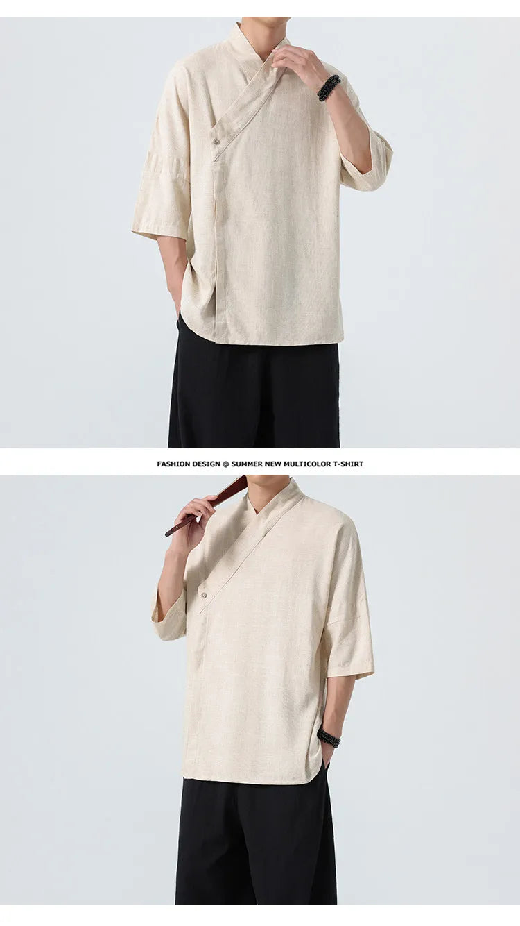 Camicie Estive 2026 da Uomo, Stile Cinese Retrò Tradizionale in Lino Traspirante, Abbigliamento Maschile per Kung Fu e Tai Chi, Bluse Casual Stile Tang