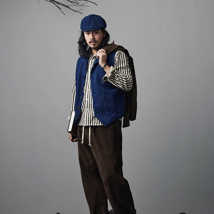 Vintage Lapel Waistcoat Men Autumn Winter New Kendo Fabric Multi-pocket Indigo Jacket Suit Vest Handmade Blue Dyed Cardigan Coat