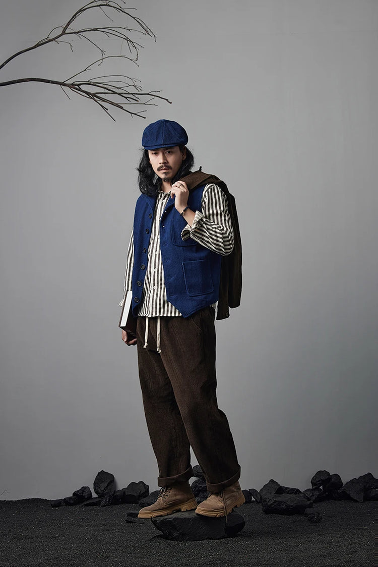 Vintage Lapel Waistcoat Men Autumn Winter New Kendo Fabric Multi-pocket Indigo Jacket Suit Vest Handmade Blue Dyed Cardigan Coat