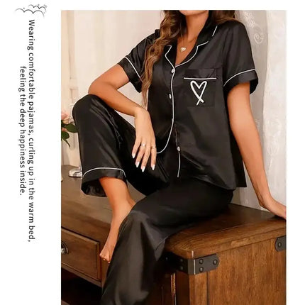 Lussuoso pigiama in raso per donna 2 pezzi pigiama Set tasca cuore ricama pigiameria autunno manica lunga top e pantaloni pigiama femminile platinumshop
