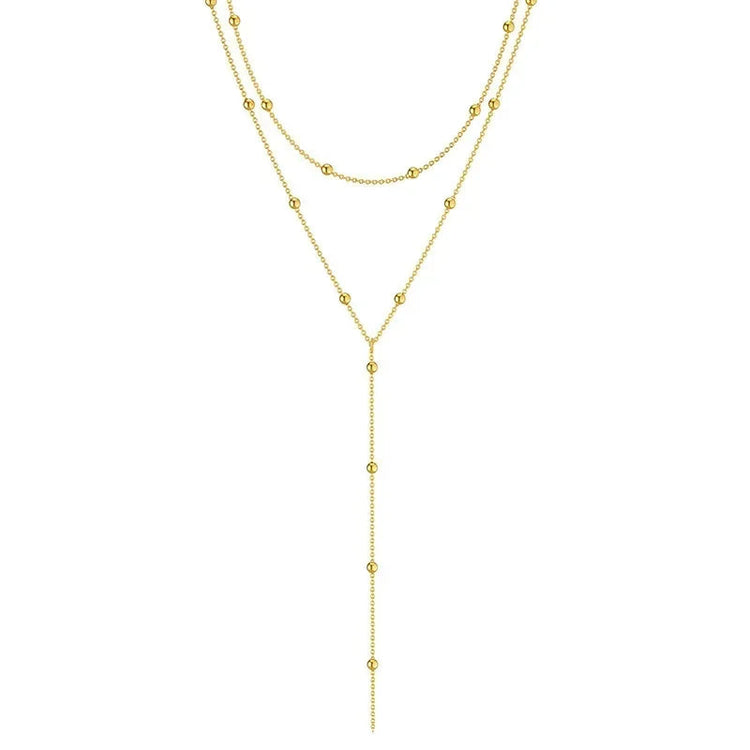 LATS Gold Color Double Layered Long Tassel Chain Necklaces for Women Simple Metal Geometric Bead Choker Necklace Fashion Jewelry PlatiNum