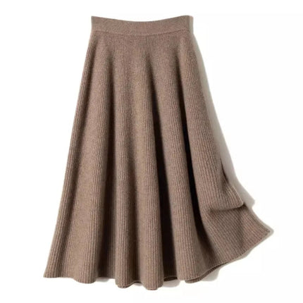100% Pure Cashmere Over-The-Knee Mid-Length Knitted Skirt for Women, Autumn and Winter, 100% Pure Cashmere High-Waisted Slimming Base Umbrella Skirt, Thick for Commuting PlatiNum