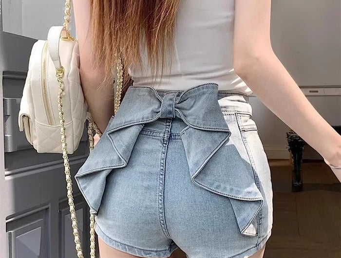 Women's Y2K Sexy Denim Shorts Petite High Waist Hip Lifting Shorts Slim Summer Hot Pants with 3D Bow Personality Detail
