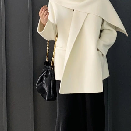 Scarf Collar 100%Wool Coat Women, Korean Fashion Elegant Outerwear, Loose Autumn Winter Jacket