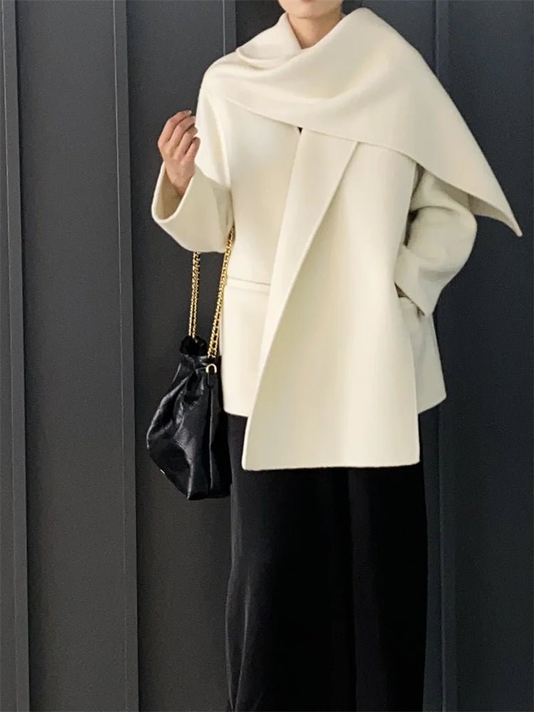 Scarf Collar 100%Wool Coat Women, Korean Fashion Elegant Outerwear, Loose Autumn Winter Jacket