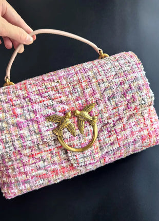 Nuova Borsa a Tracolla/Crossbody da Donna 2026 Ispirata a Pinko in Tweed con Cigno, in Vera Pelle