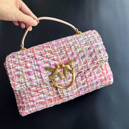 Nuova Borsa a Tracolla/Crossbody da Donna 2026 Ispirata a Pinko in Tweed con Cigno, in Vera Pelle