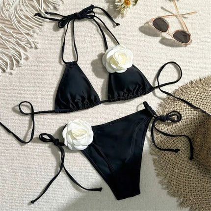 Costume da Bagno Sexy con Fiori e Fascia, Bikini a Perizoma 2025, Costumi da Bagno Donna con Lacci, Set Bikini Brasiliano, Biquini Mujer platinumshop